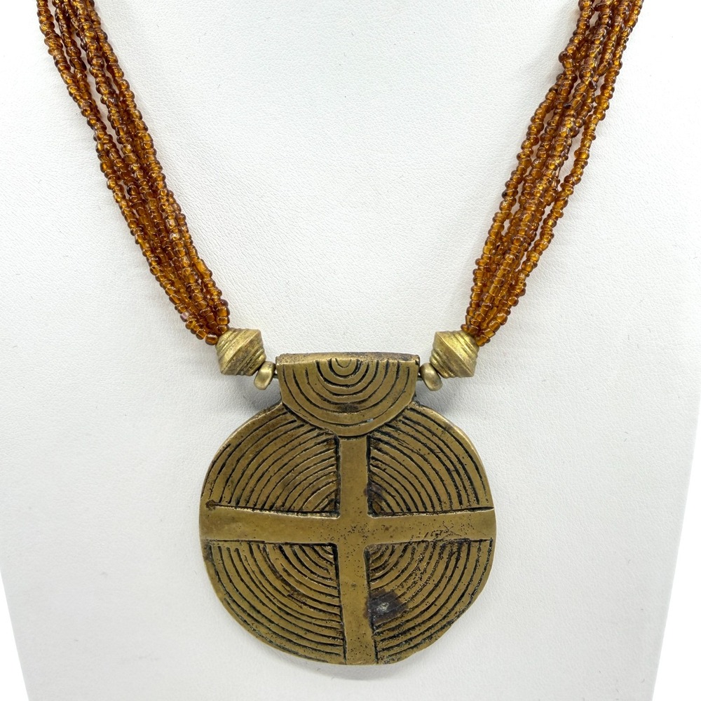 Boho Chic Brass Tone Medallion Multi-Strand Amber Bead Necklace